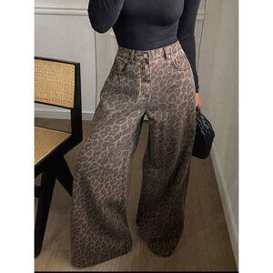 high rise wide leg leopard print denim jeans